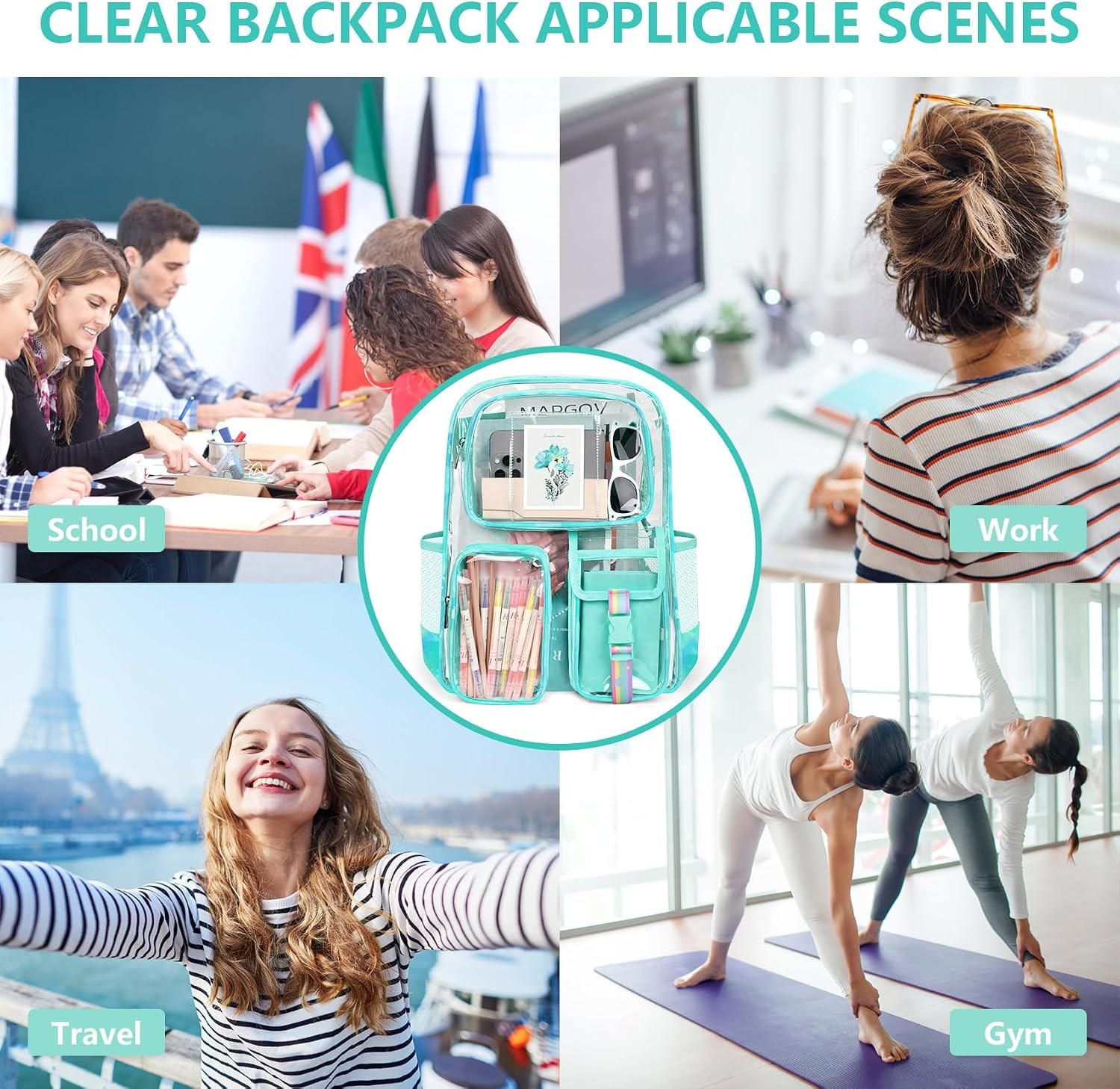 Clear Backpack for Stadium Events, Heavy Duty PVC Transparent Bookbag with Reinf