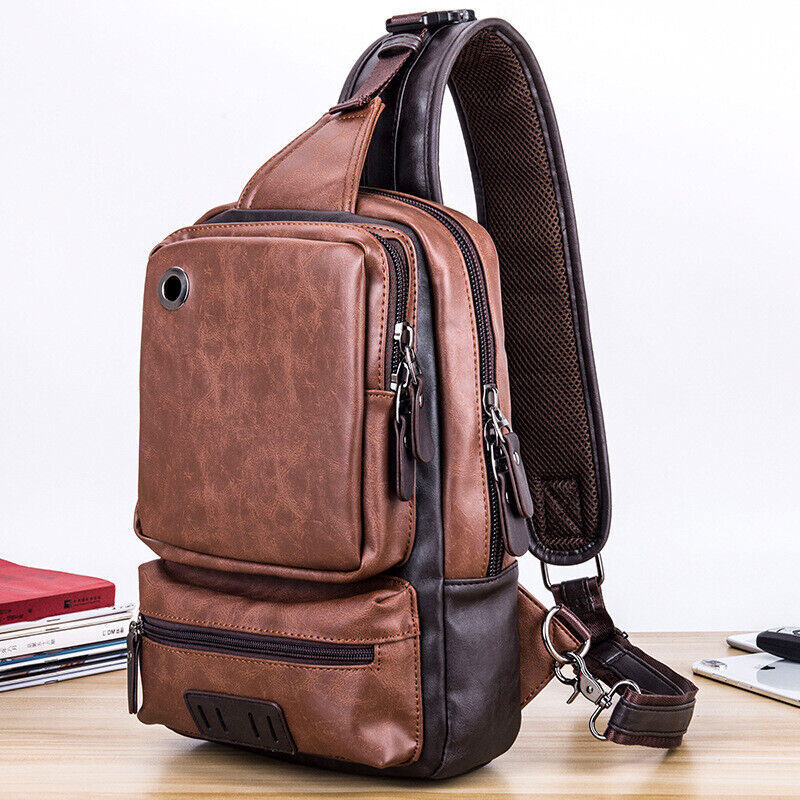 Men’s Sling Backpack PU Leather Large Capacity Cross Body Bag Chest Shoulder Bag