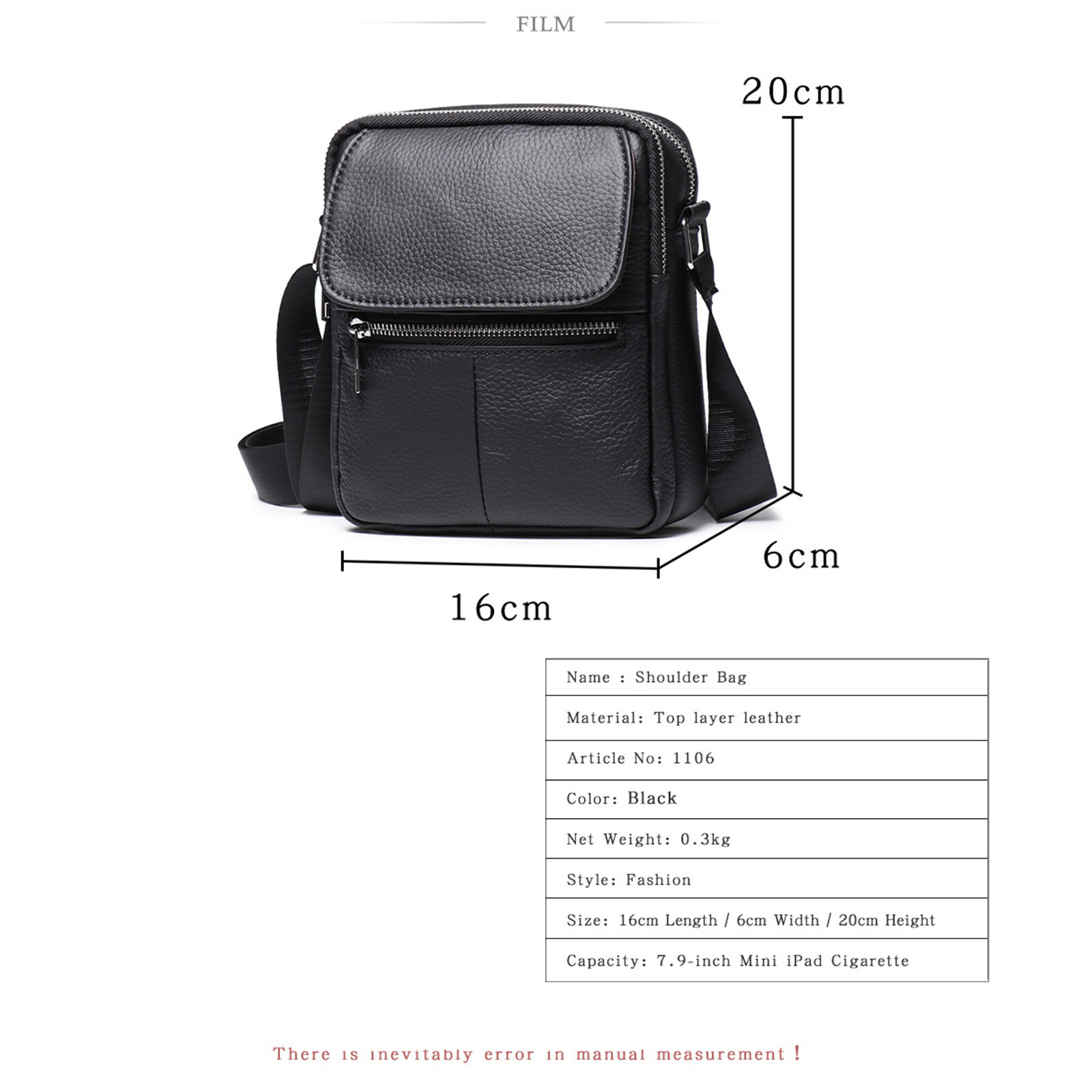 Men’s Leather Shoulder Bag Small Crossbody Multi-Pocket Travel Bag Black
