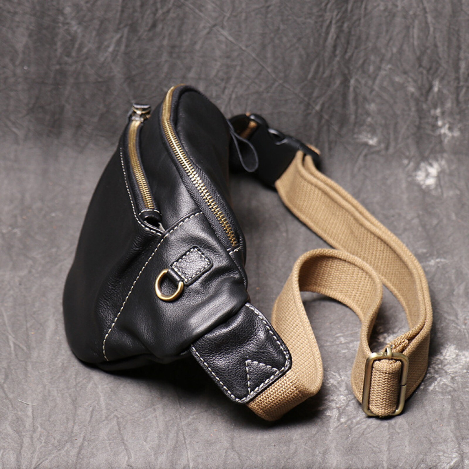Mens Leather Crossbody Sling Bag Adjustable Strap Fanny Pack with Zippers