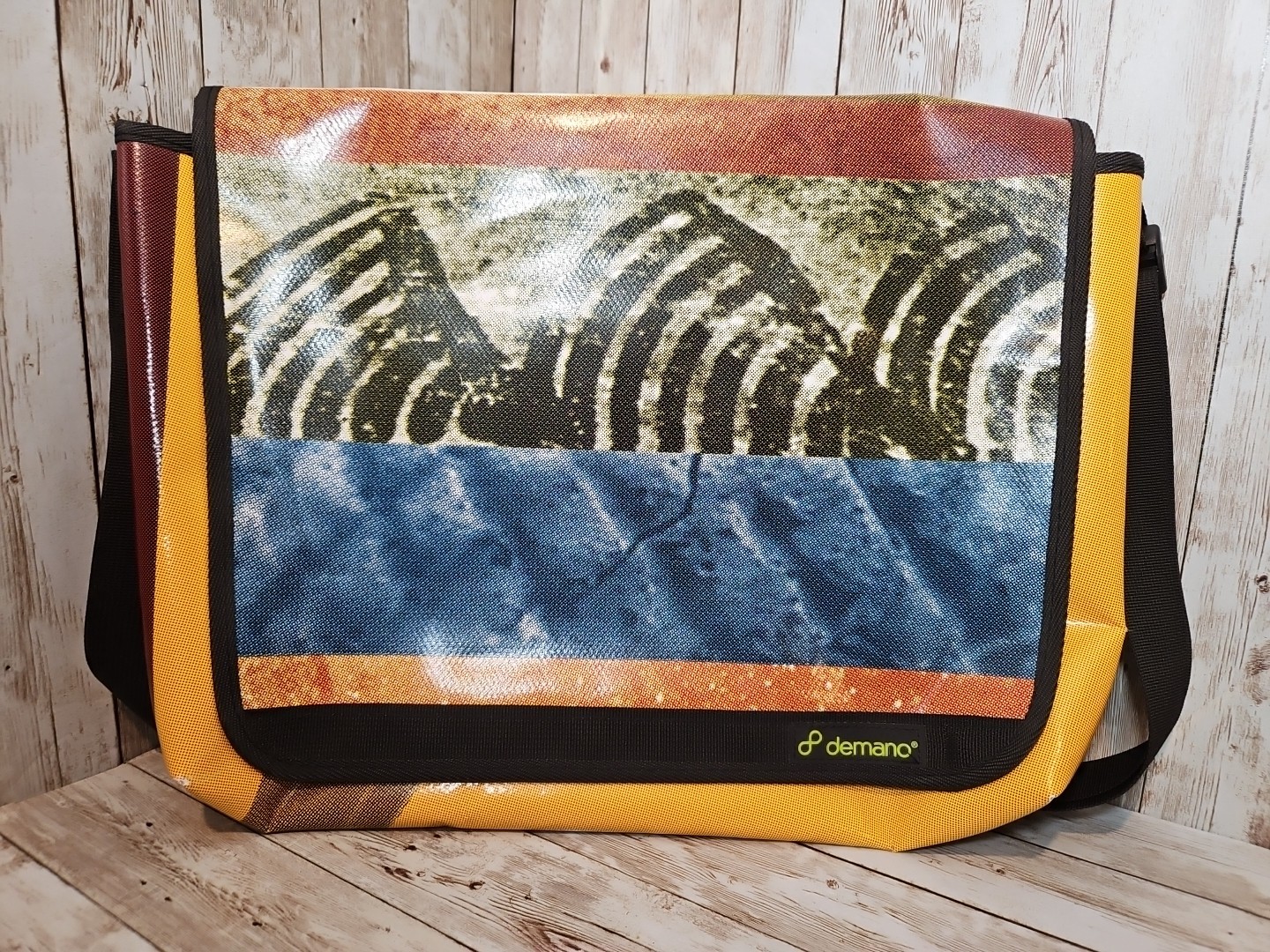 DEMANO upcycled Eco-Friendly Messenger bag With Strap Made in Spain! EUC unisex