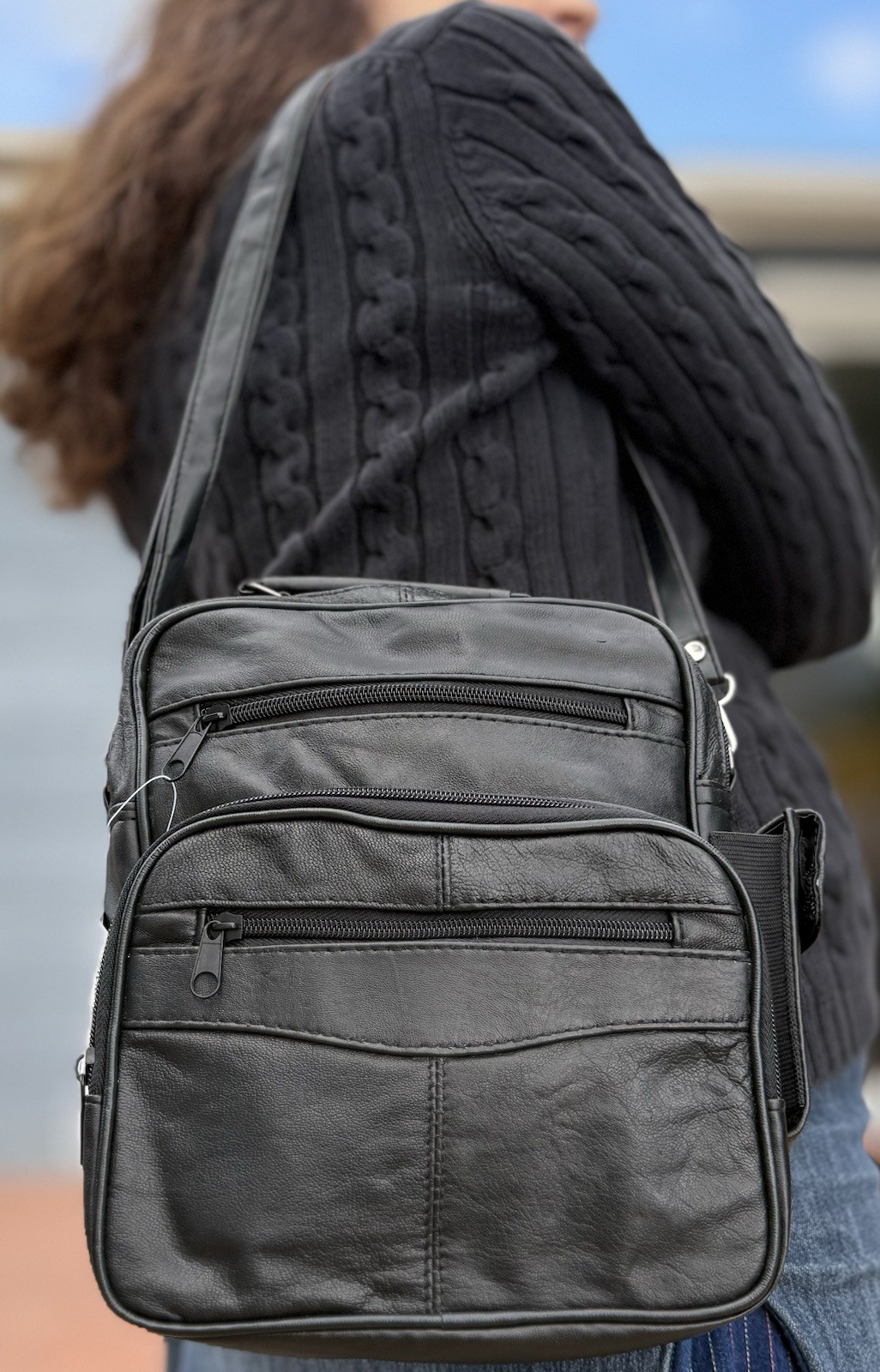 Genuine Leather Unisex Shoulder Bag ,8in x 10in x 3 in. 6 zippered pocket