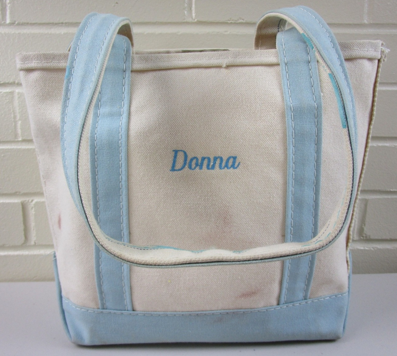 Vintage LL BEAN Boat and Tote Canvas Bag “Donna” Embroidered Ivory w/ Blue Trim