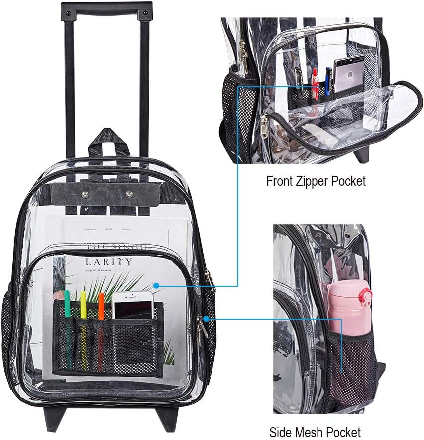 Rolling Clear Backpack, Heavy Duty See through Bookbag, Transparent PVC Cold-Res
