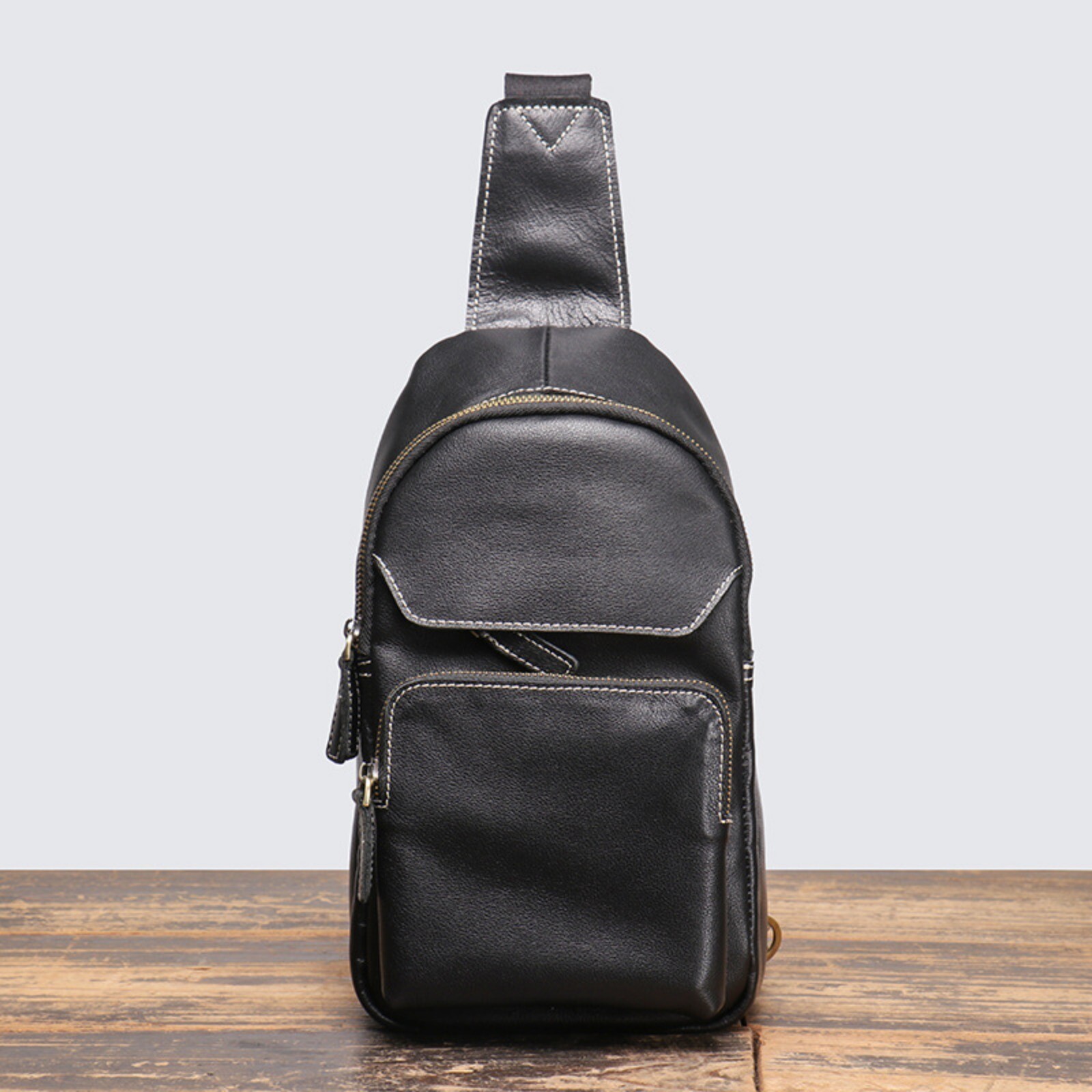 Men’s Leather Crossbody Sling Bag Chest Pack Shoulder Backpack Travel Black