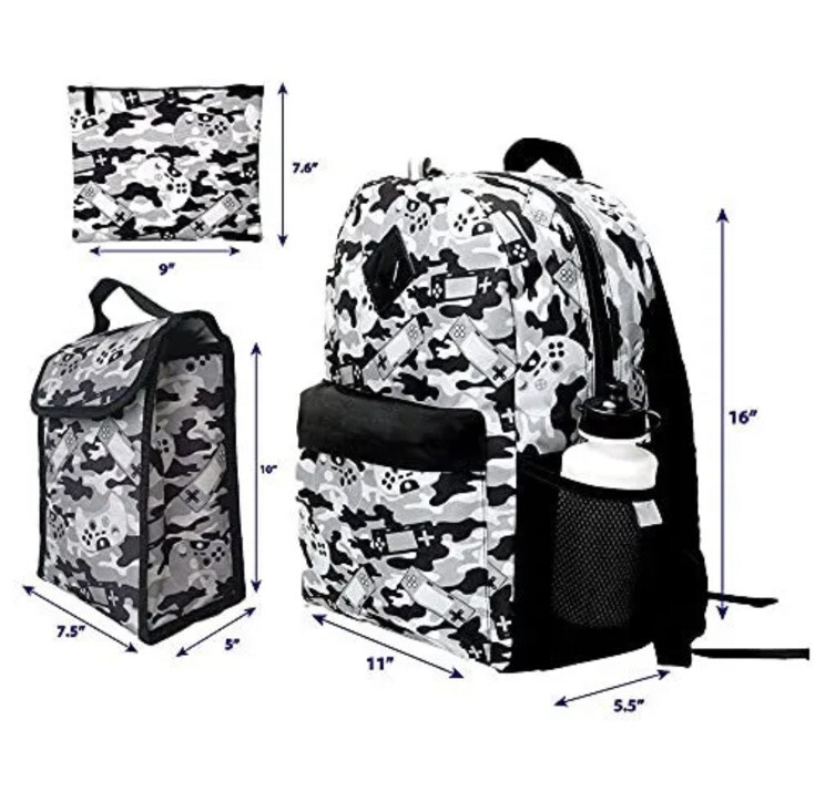 Grey Gaming Camo Backpack Set for Boys & Girls 16 inch 6 Pieces – Includes Fo…
