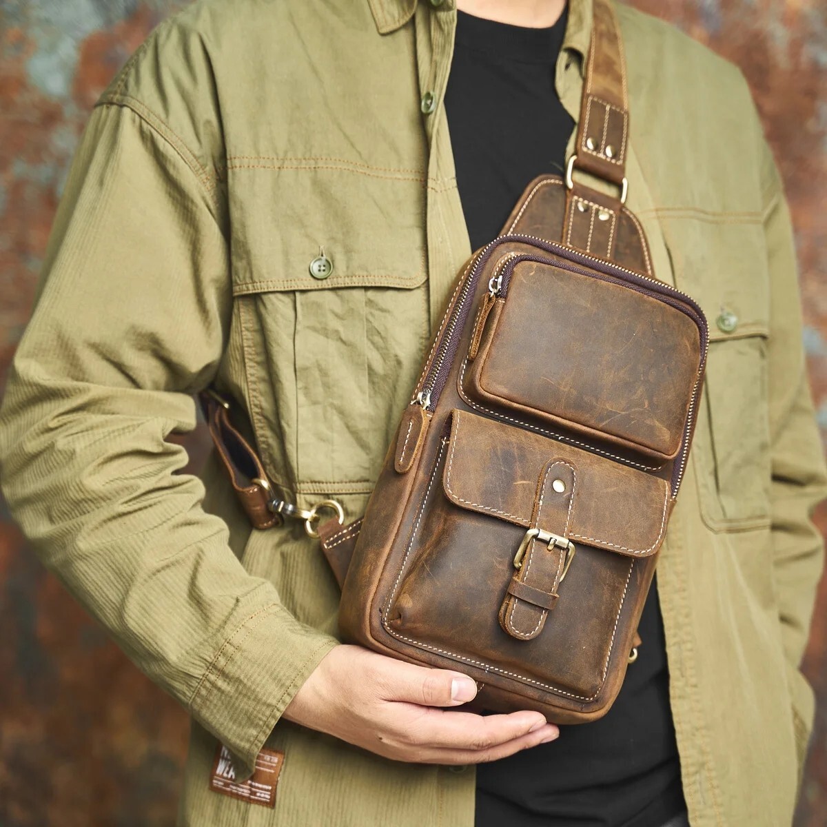 Men’s Genuine Leather Chest Bag Vintage Sling Bag Crossbody Shoulder Bag Casual
