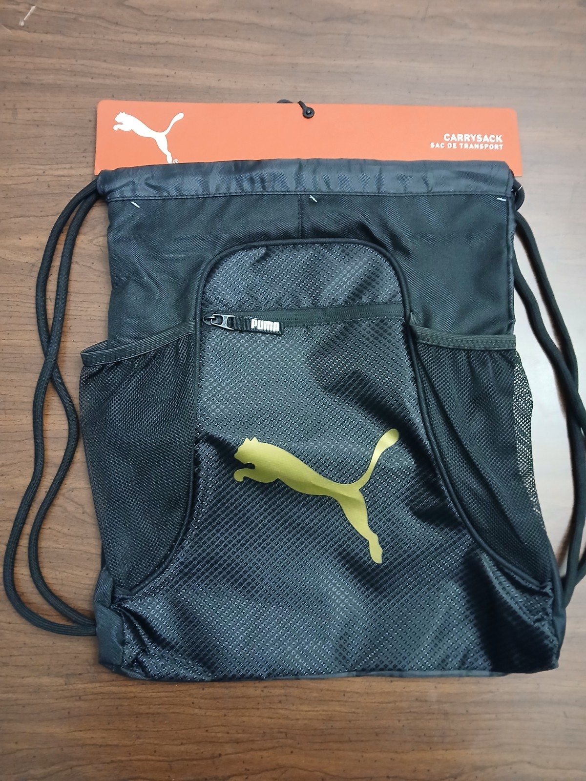 Puma Equinox Carrysack 18″x14″ Sackpack Drawstring Black w Gold or Silver Cat