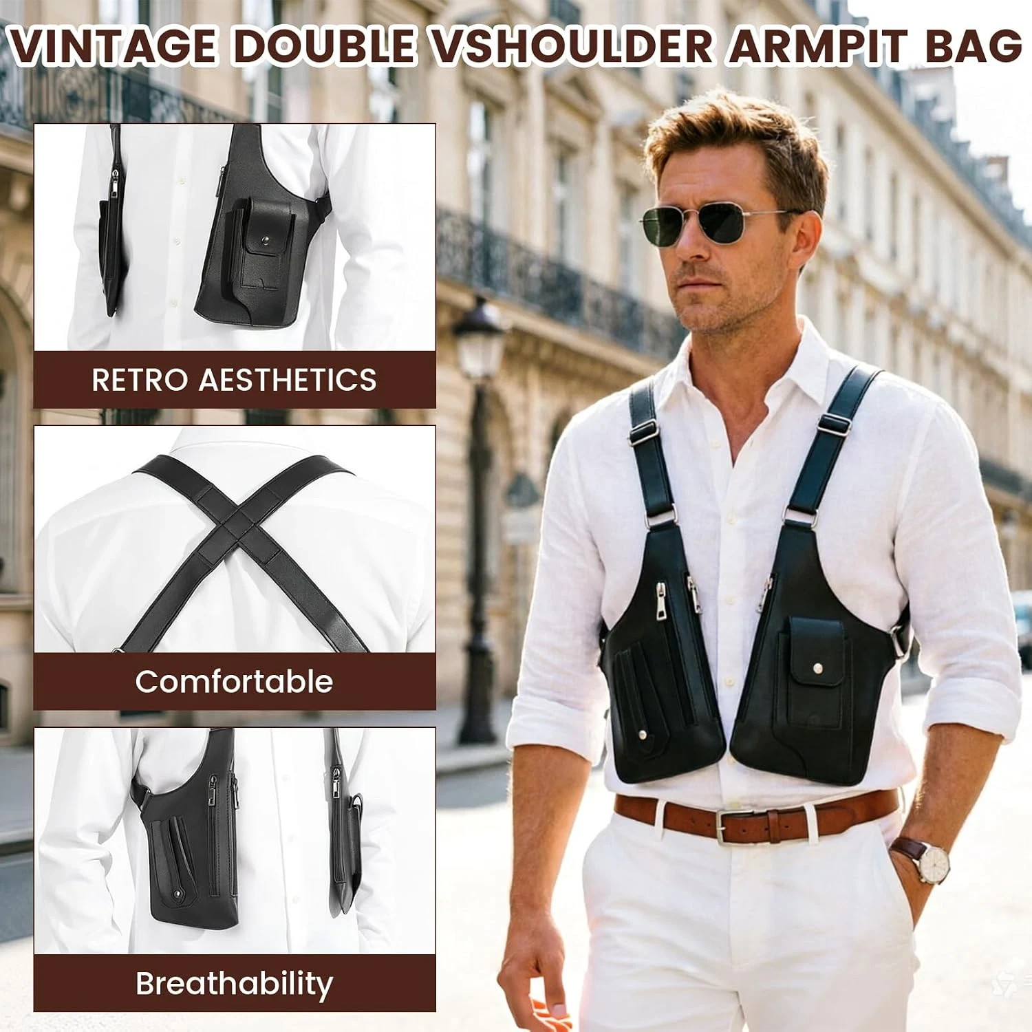 Men Double Shoulder Underarm Bag Anti Theft Holster PU Leather Travel Chest Bag