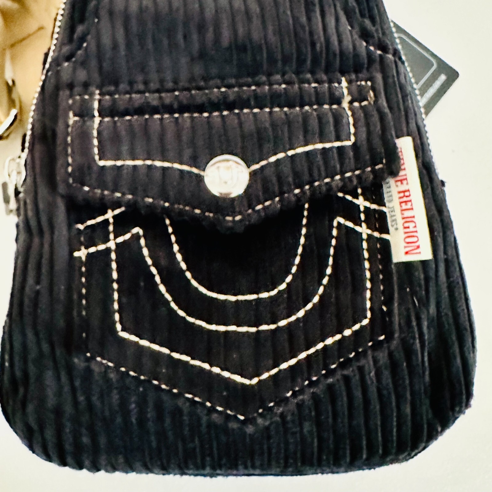 TRUE RELIGION CORDUROY SOFT SLING BACKPACK BAG BLACK WITH CONTRAST TRIM UNISEX