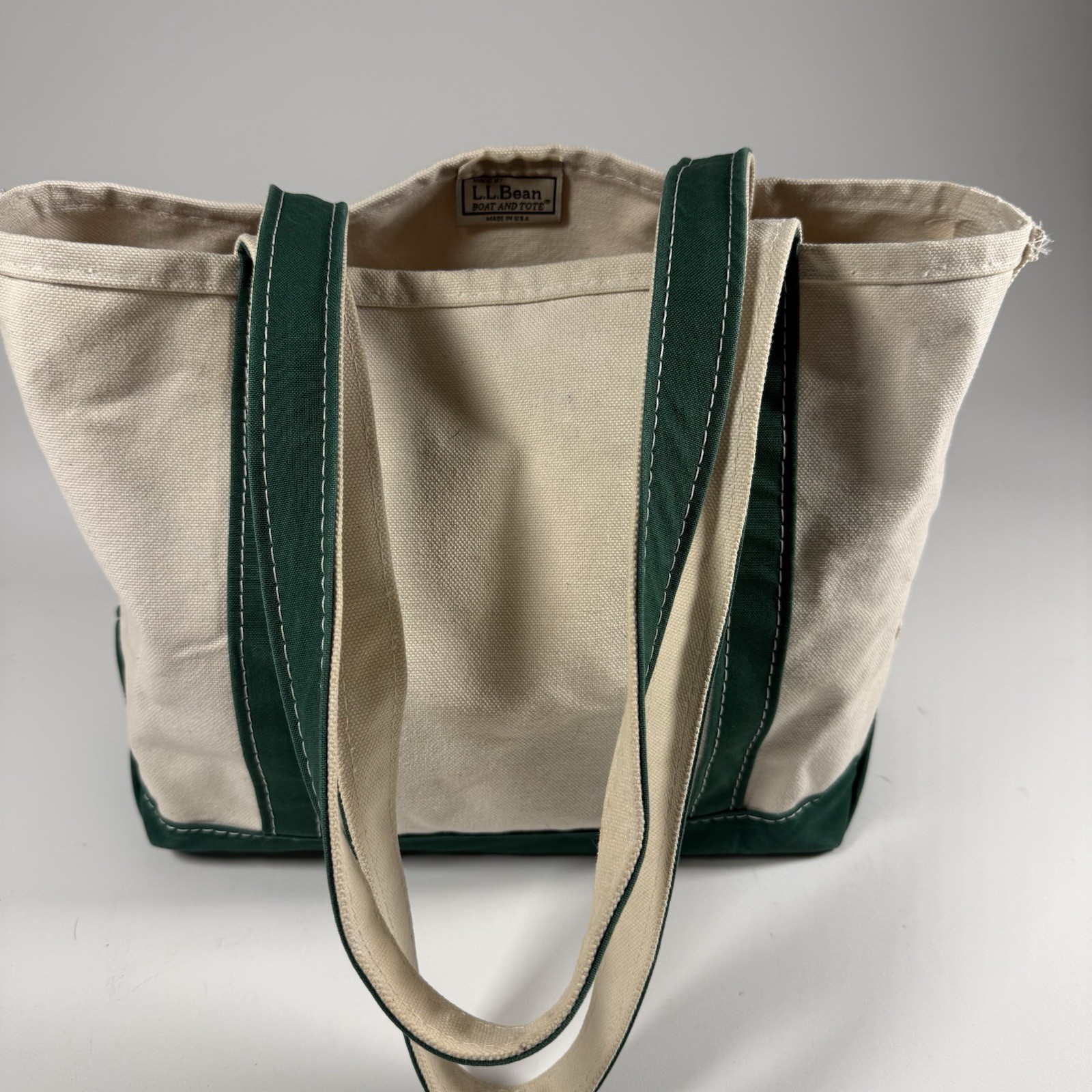 LL Bean Boat and Tote Canvas Bag 12.5″ 5.5″ Green White Made In USA Stiff