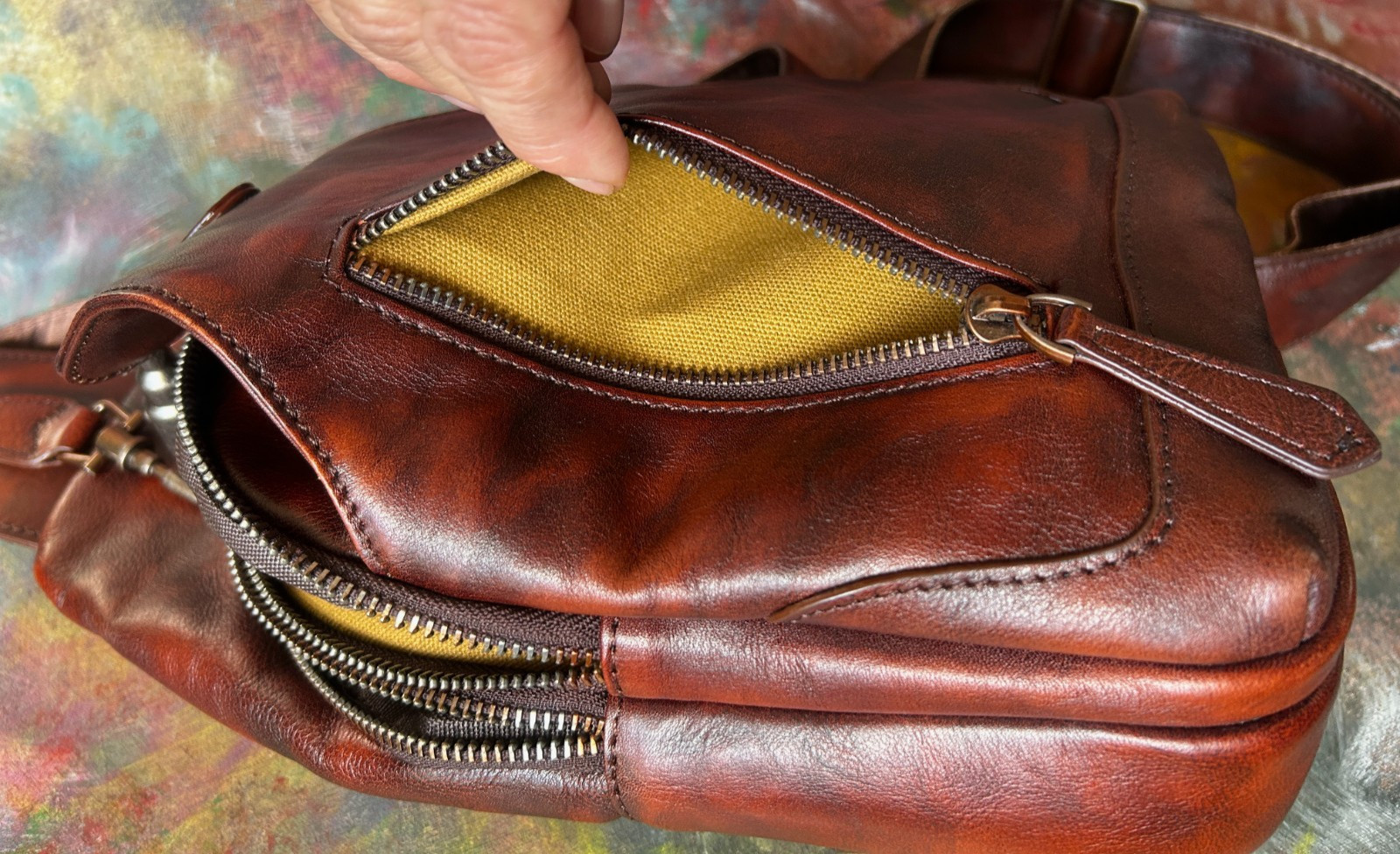 Reddish Brown Leather Sling Bag, Multi-Compartment, Medium Size, Unbranded