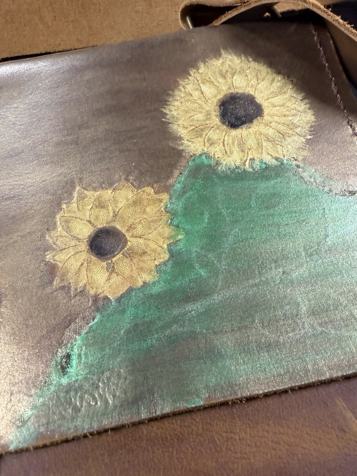 Handmade Leather Crossbody Messenger Bag Hand Painted Sunflower Rustic Boho