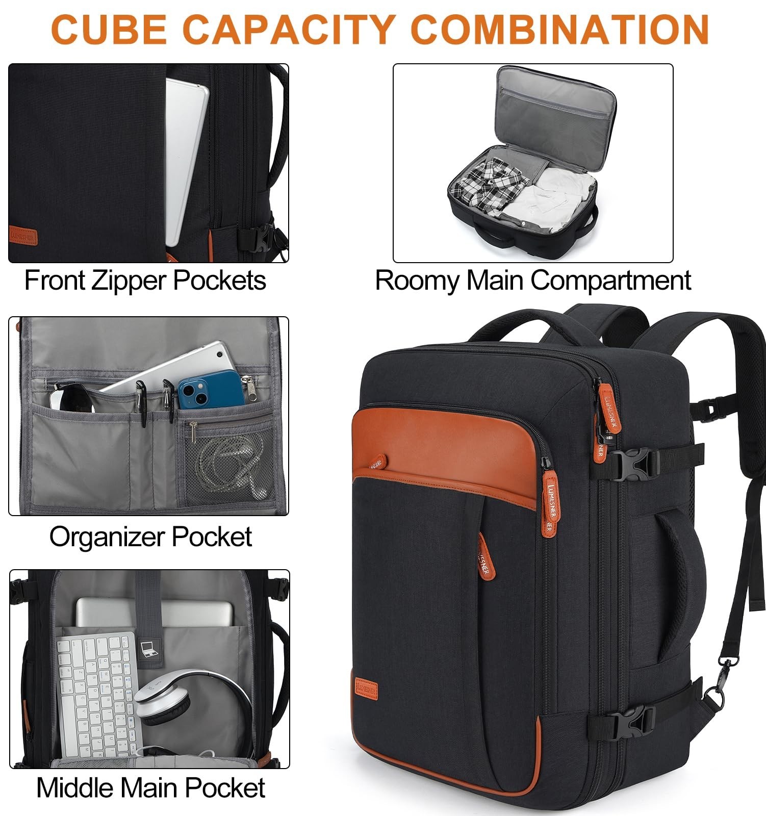 Extra Large 40L Carry-On Travel Backpack, Expandable Suitcase Bag with 4 Packing