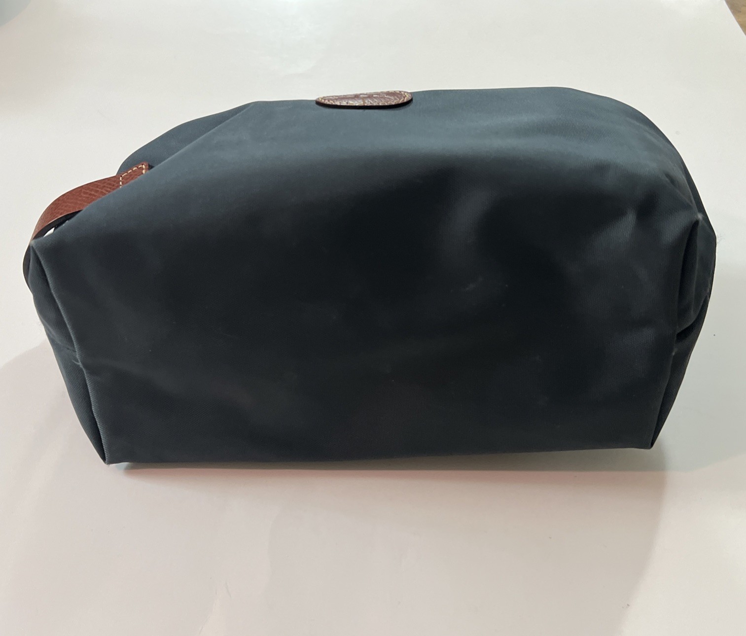 Longchamp Cosmetic Bag Nylon Grayish- Blue & Brown Leather Toiletry Travel Pouch
