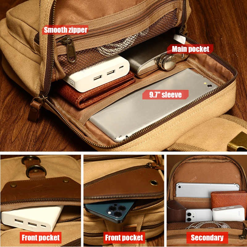 Vintage Canvas Genuine Leather Chest Sling Bag Crossbody Shoulder Backpack