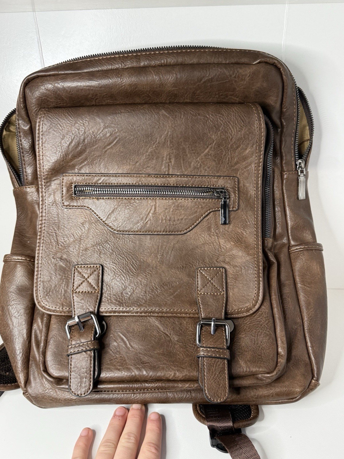 Brown Faux Leather Backpack Zip & Buckle, Padded Straps, Striped Lining