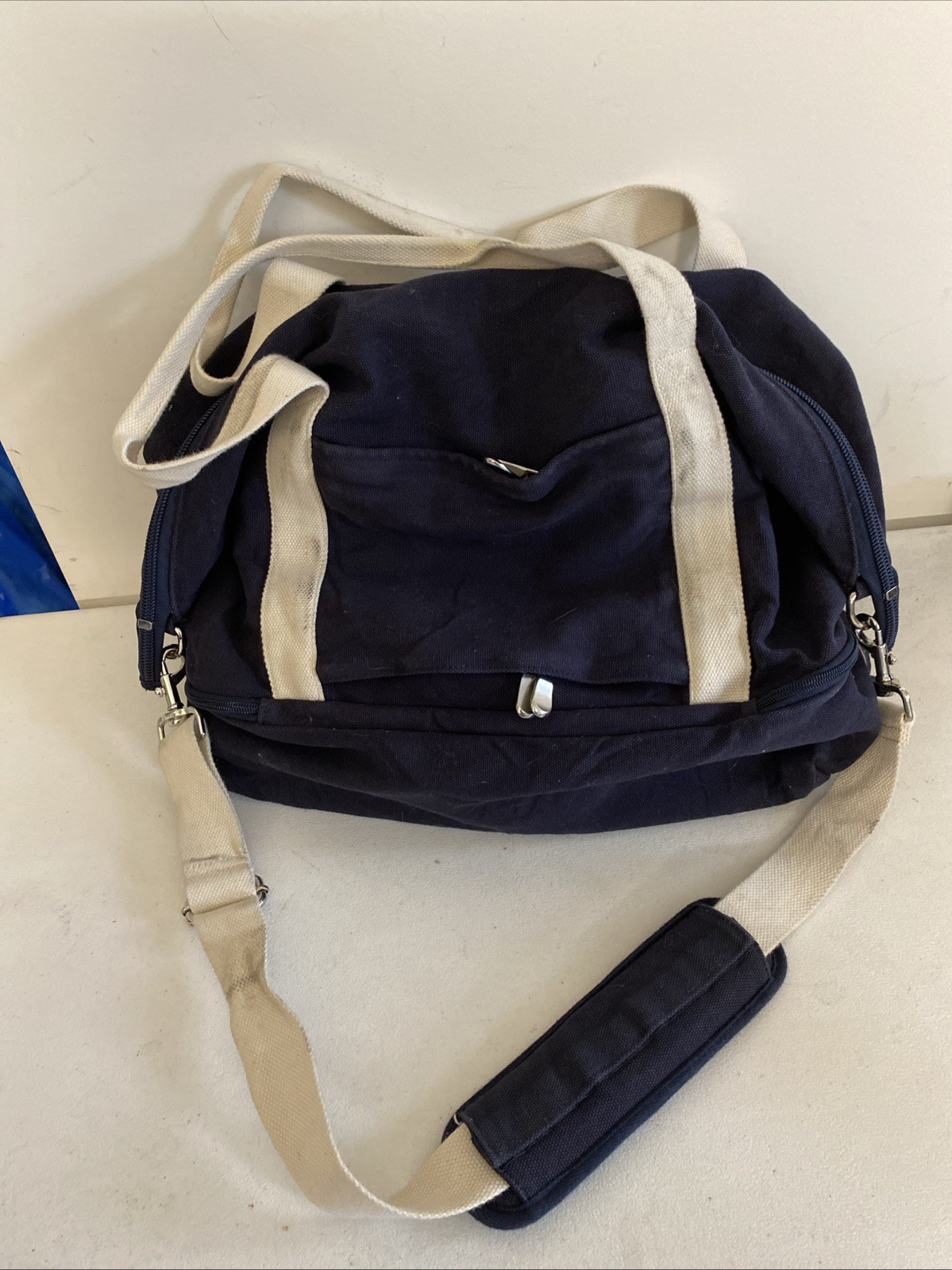 LO & SONS Catalina Deluxe Large Weekend Bag 100% Cotton Blue White Duffle