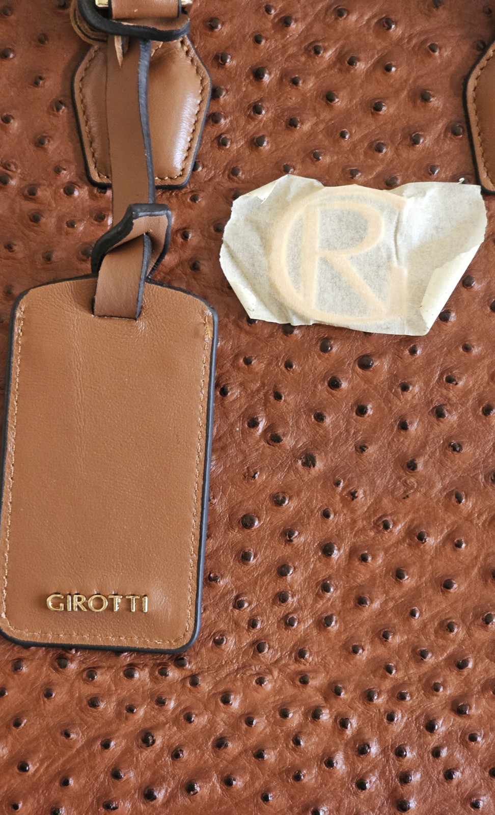 New GIROTTI Men’s Briefcase Brown Ostrich & Black Croc-Stamped Leather W/ Strap