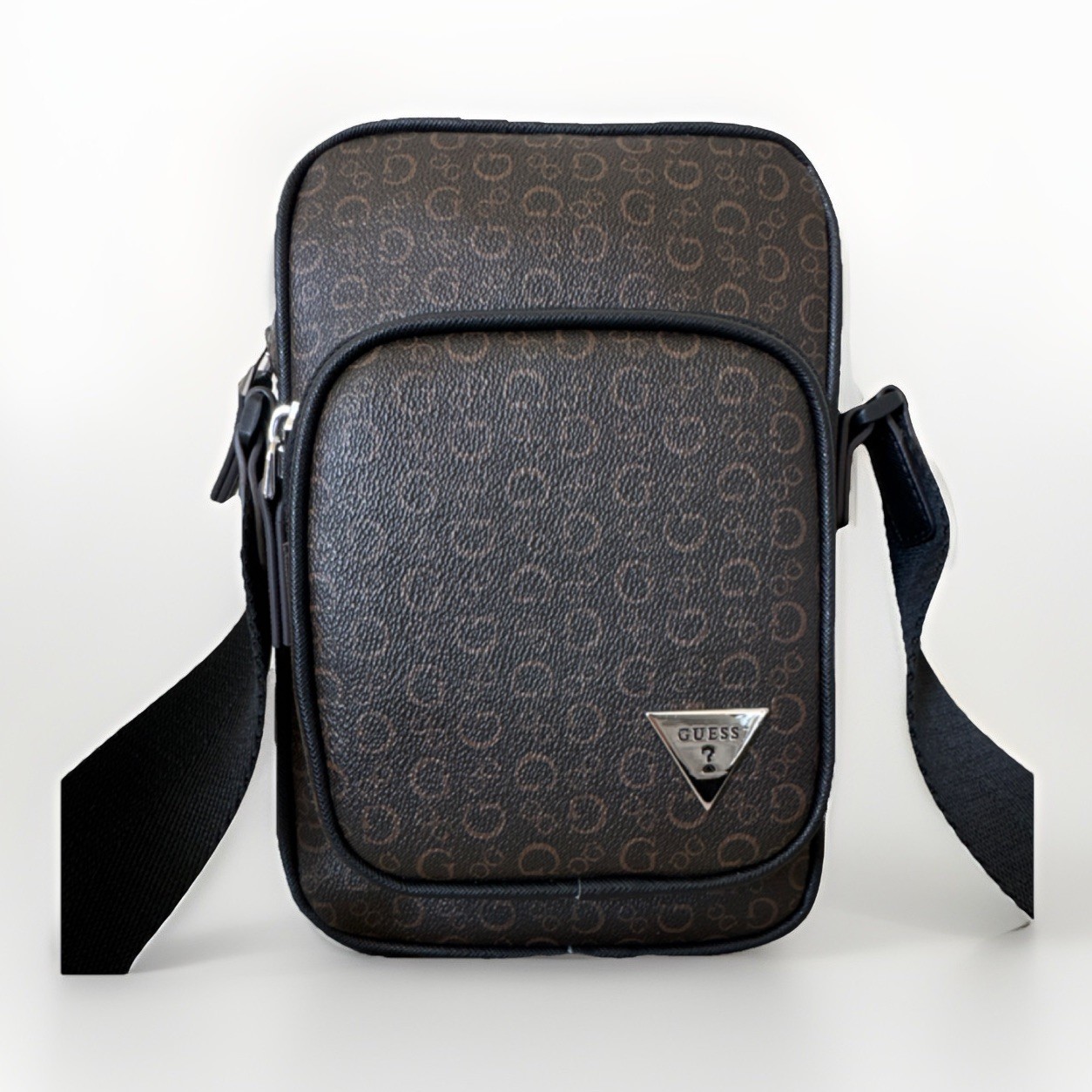 GUESS Men’s Brown Monogram Crossbody Bag Zip Closure Adjustable Strap