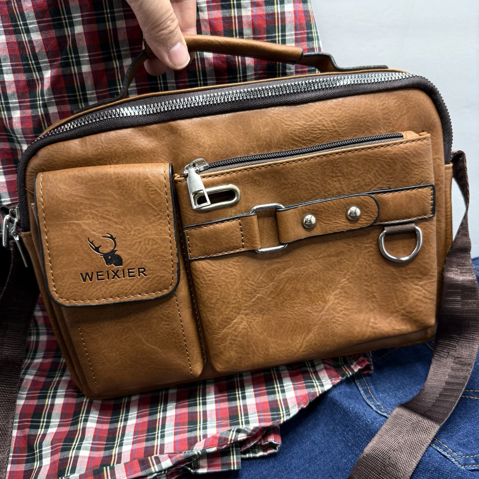 Weixier Crossbody Bag Men’s Adjustable Shoulder Bag- Brown Faux Leather Satchel
