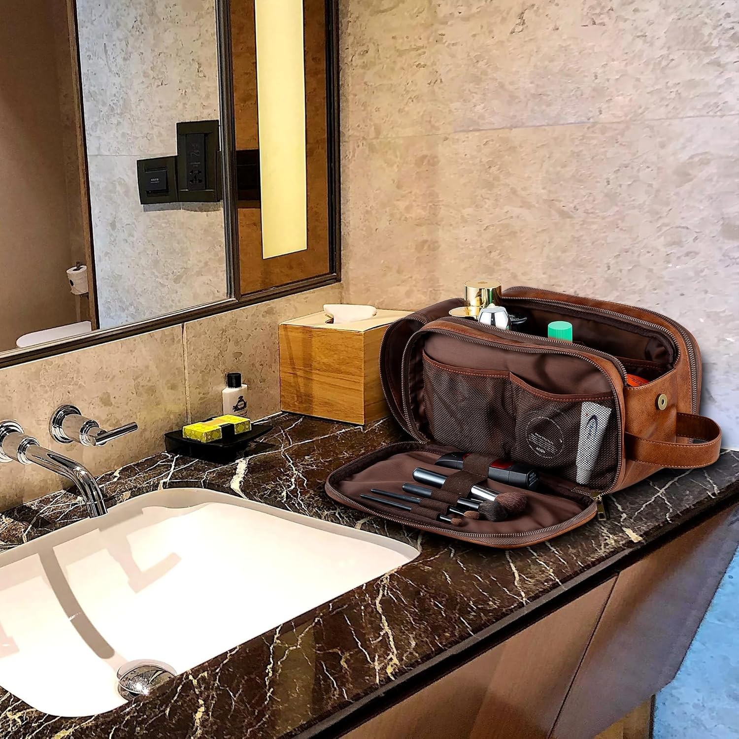 Elviros Toiletry Bag for Men Large Travel Shaving Dopp Kit Organizer PU Leather