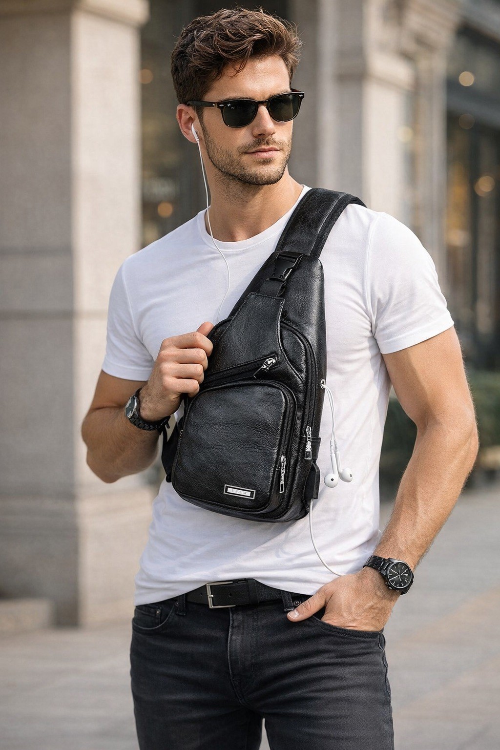 Black Chest Crossbody Bag Sling Backpack for Men with USB Charge Port