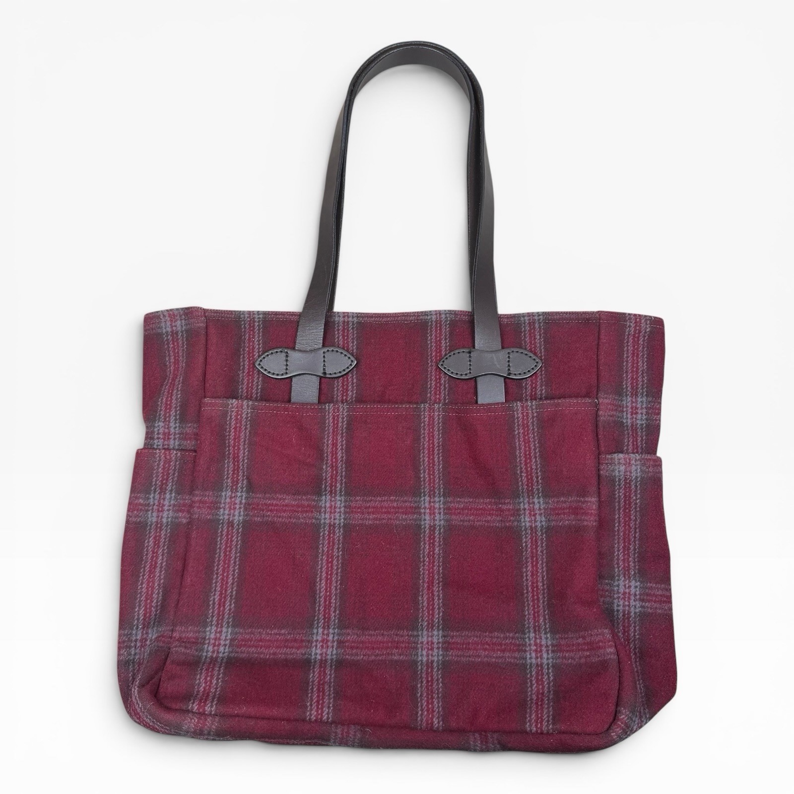Filson Plaid Leather Trim Tote Bag Wool Burgundy Red Gray Double Handle