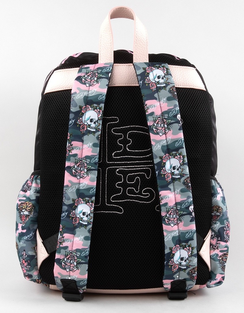 Ed Hardy Abby Grey Camo Rhinestone Backpack Y2K, 16”x12”x5.5”