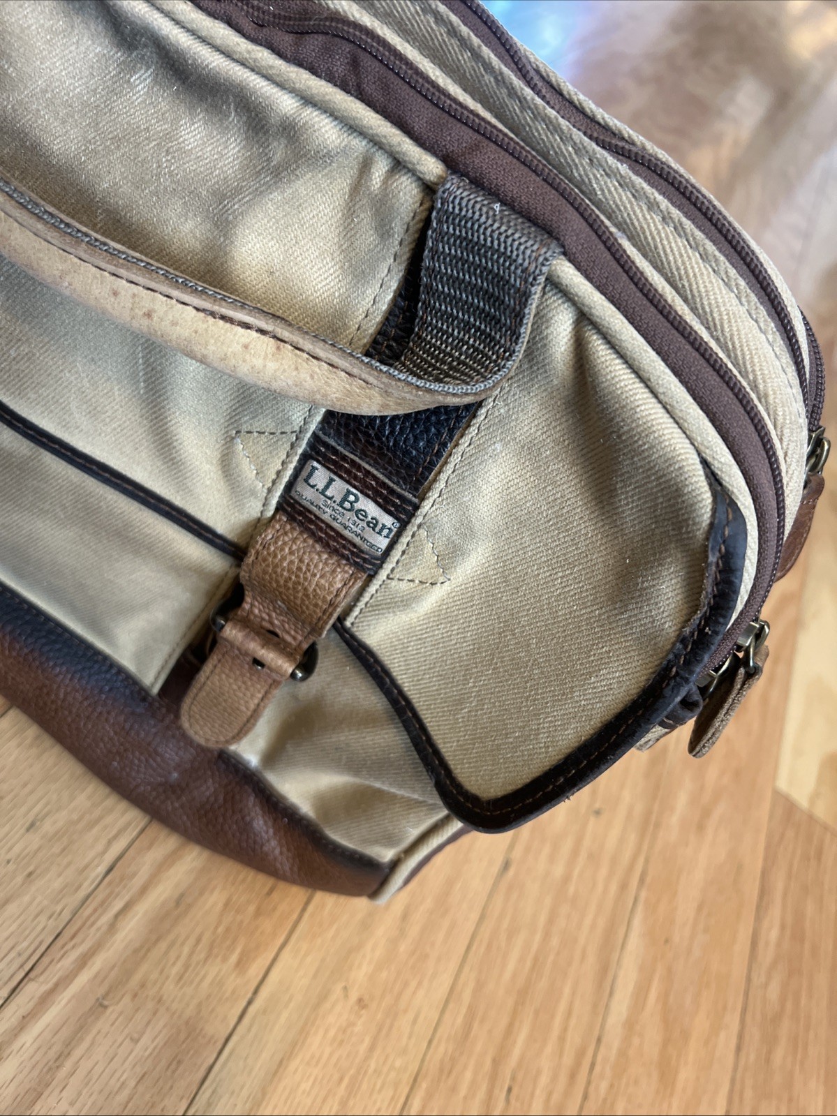 LL Bean Canvas Messenger Crossbody Bag Push Lock Leather Trim Tan Brown