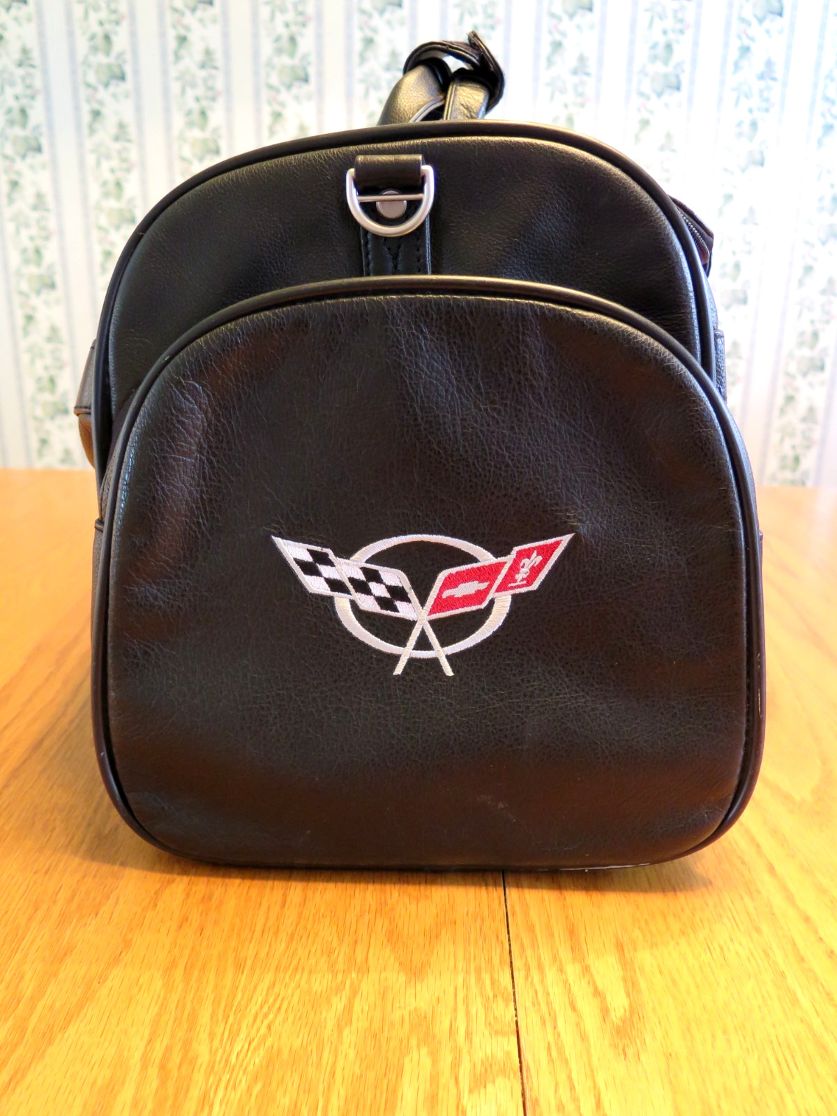 Vtg Black Leather Corvette Duffle Bag Embroidered Logo Travel Gym Weekender