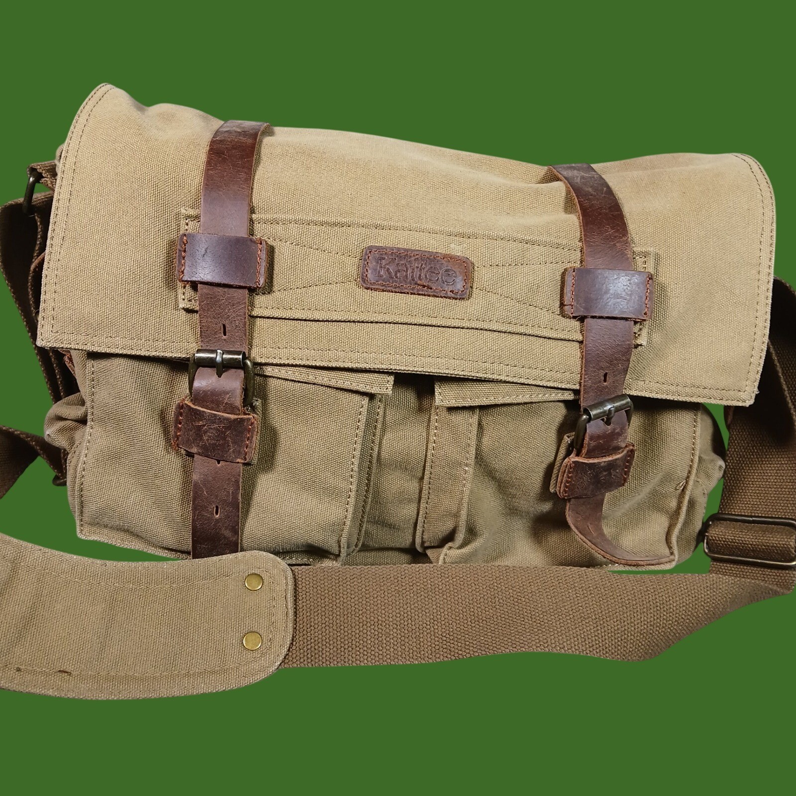 Kattee Messenger Bag Khaki Canvas Leather Satchel Safari Work Travel Travel