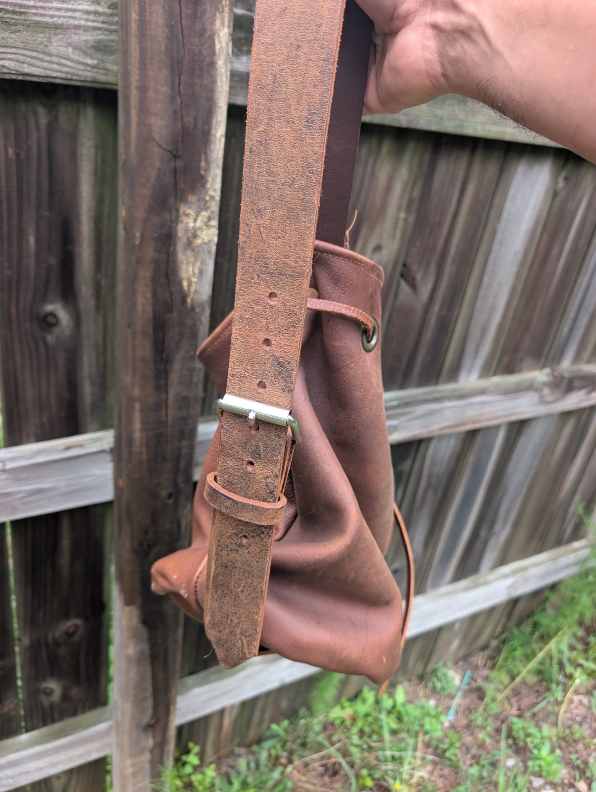 Brown leather Bucket Bag w/ Buckle, Adjustable Shoulder Strap, Unisex boho