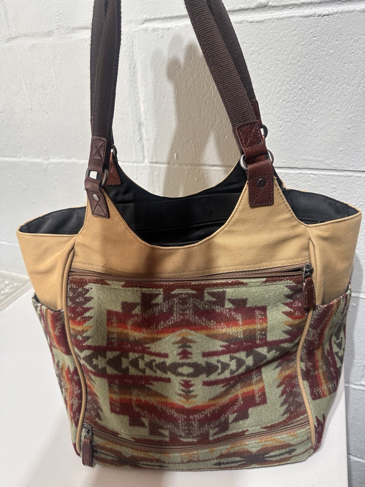 Vintage Pendleton Tan Canvas Wool Geometric Aztec Boho SouthwesternShoulder Bag
