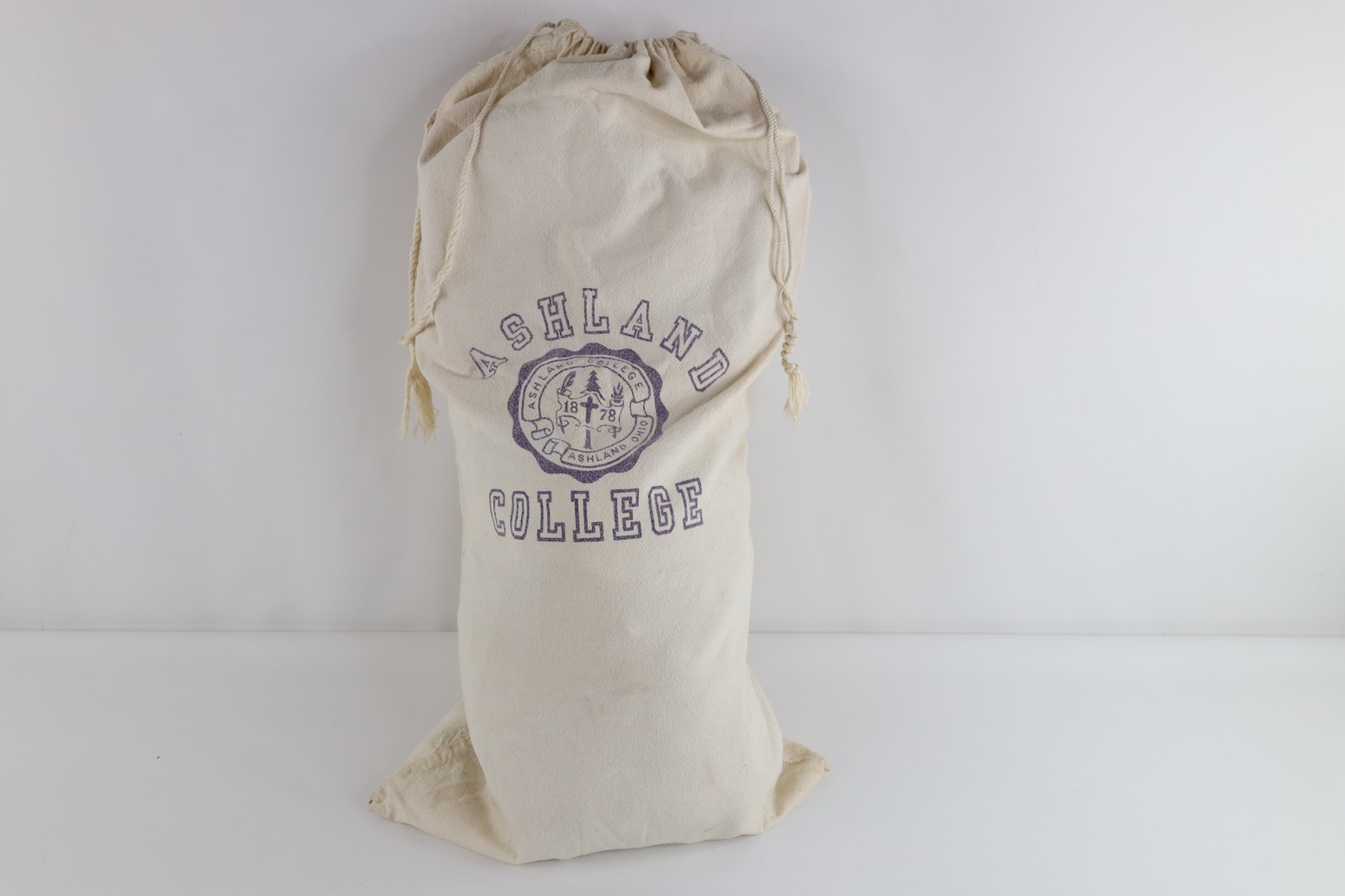 Vintage 70s Distressed Ashland College University Canvas Cinch Top Bag Cream USA