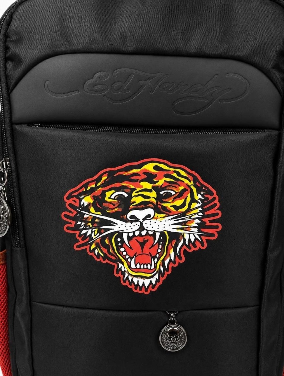 ED HARDY BLACK & ORANGE GRAPHIC ROARING TIGER EMBROIDERED LOGO BACKPACK NWT