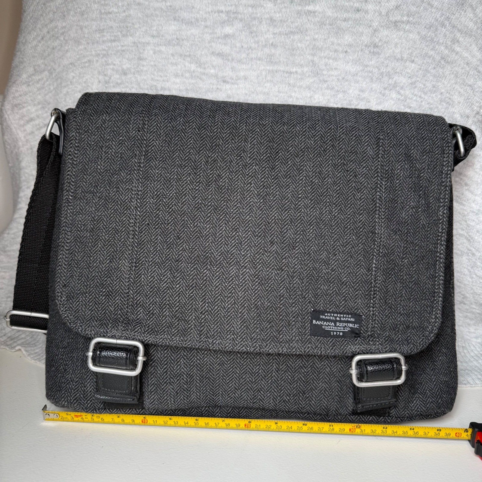 Banana Republic Herringbone Messenger Bag Charcoal Grey Wool Blend Travel Bag