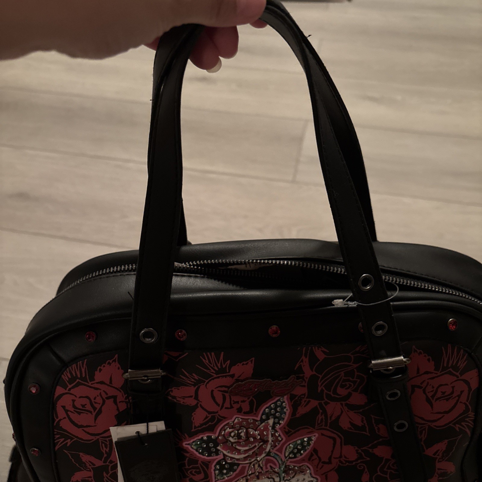 Ed Hardy Large Leather Tote Shoulder Bag Skull Roses Studded Rhinestone