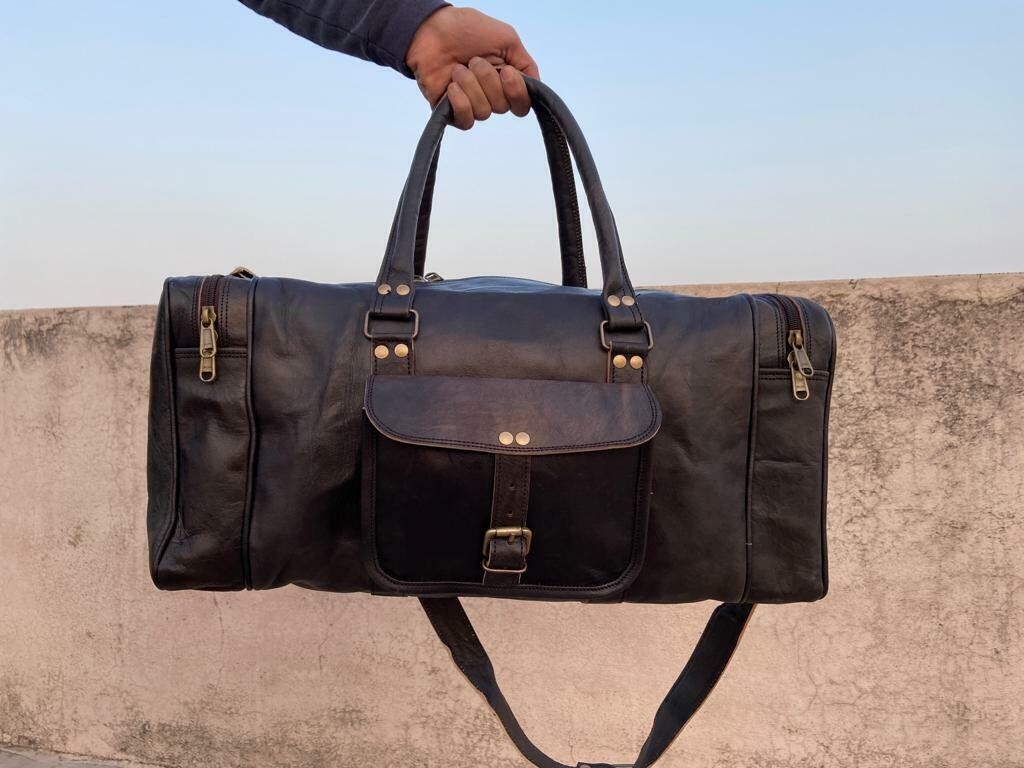 Large BLACK Duffle Men Genuine Leather Travel Luggage Gym Weekend Overnight Bag