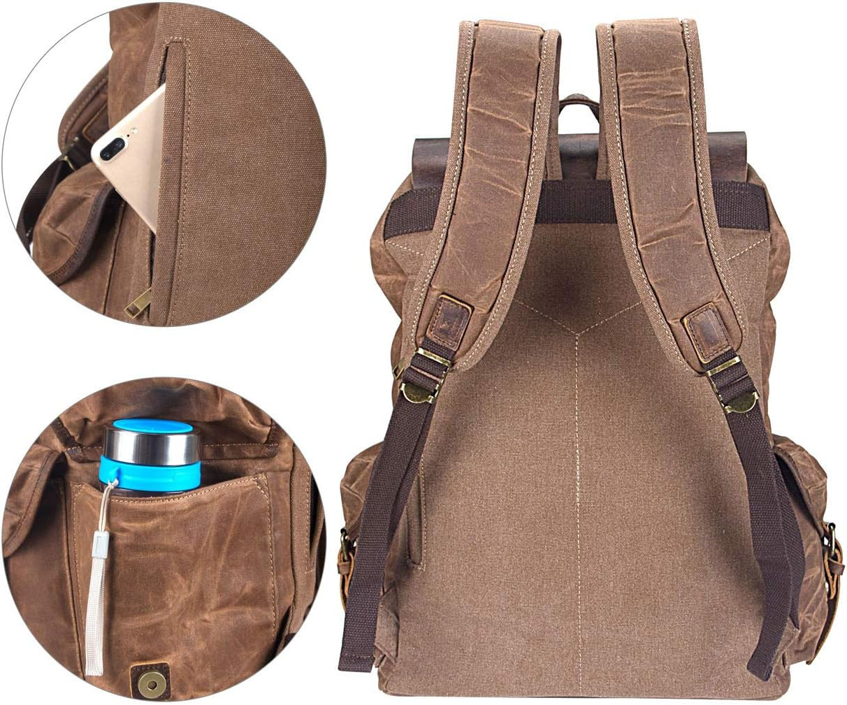 Leather Backpack for Men, Waxed Canvas Shoulder Rucksack Carry-On Travel Backpac