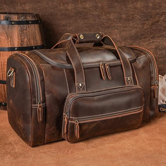 Full Grain Leather Duffle Bag Travel Weekender Overnight Thick Large Unisex Bag
