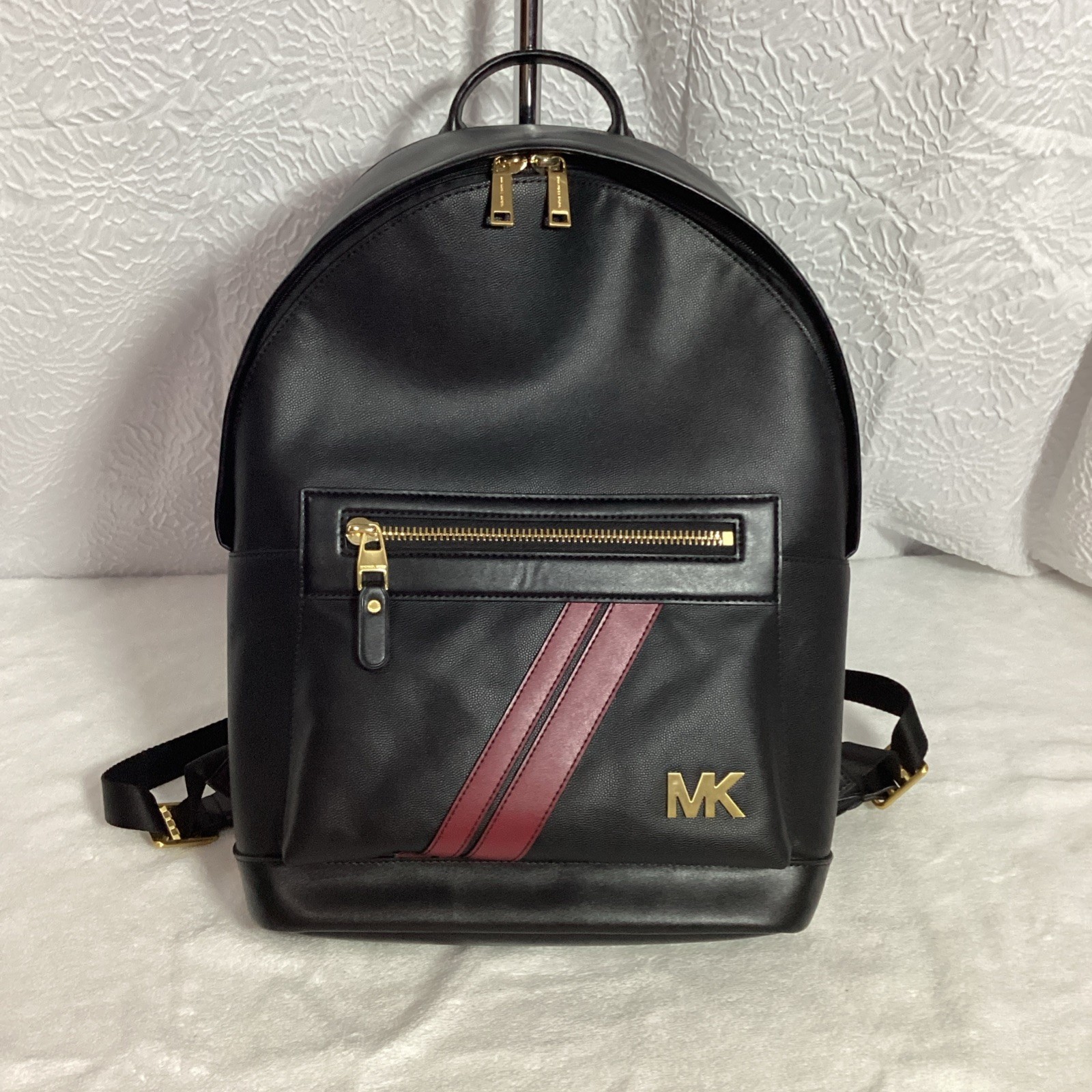 Michael Kors Hudson Commuter Logo Stripe Black Leather Unisex Backpack Bag *READ
