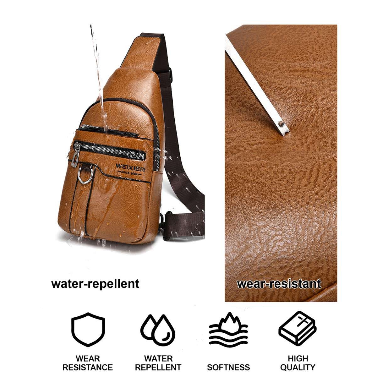 Men Sling Bag Soft PU Leather Chest Crossbody Travel Shoulder Bag Waterproof