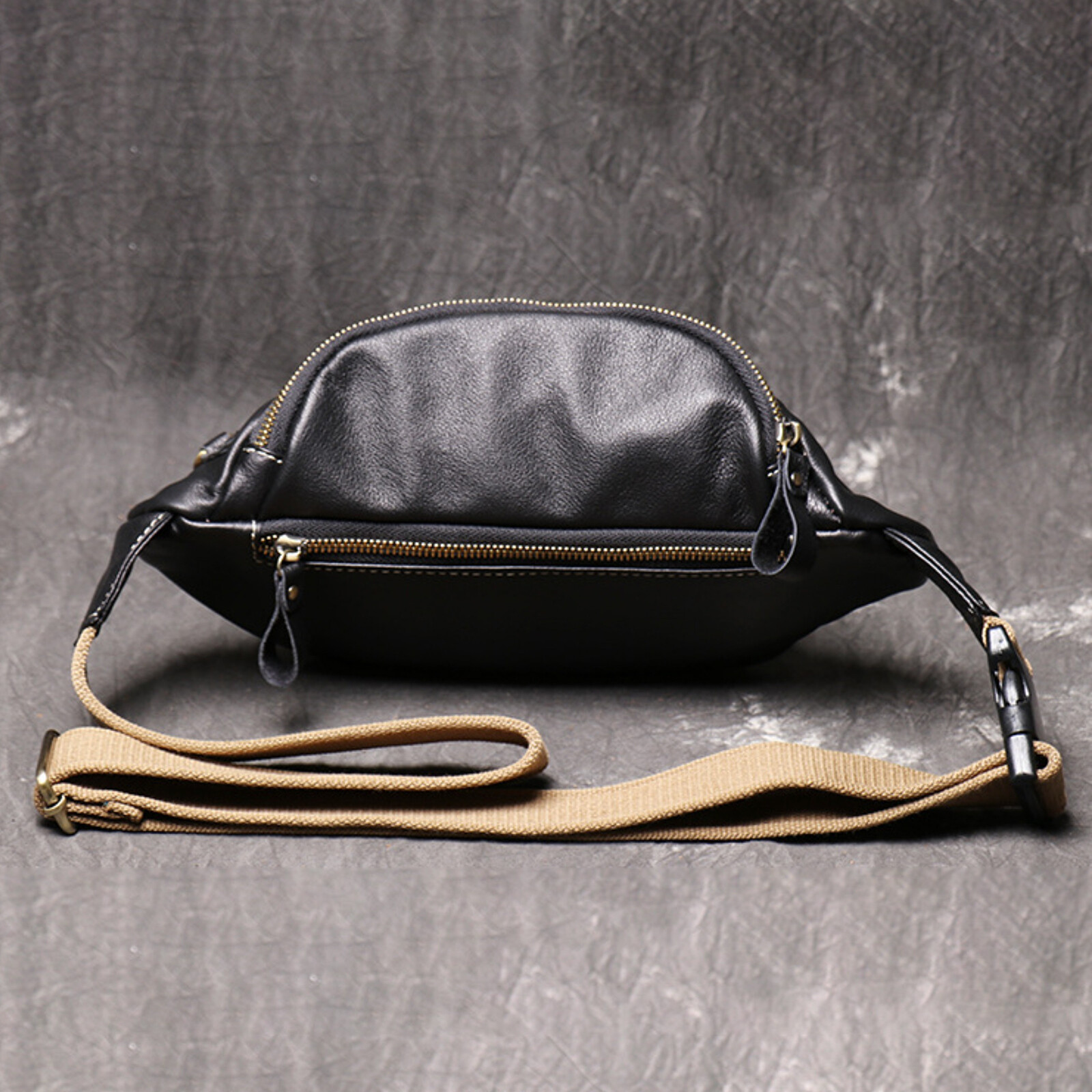 Mens Leather Crossbody Sling Bag Adjustable Strap Fanny Pack with Zippers