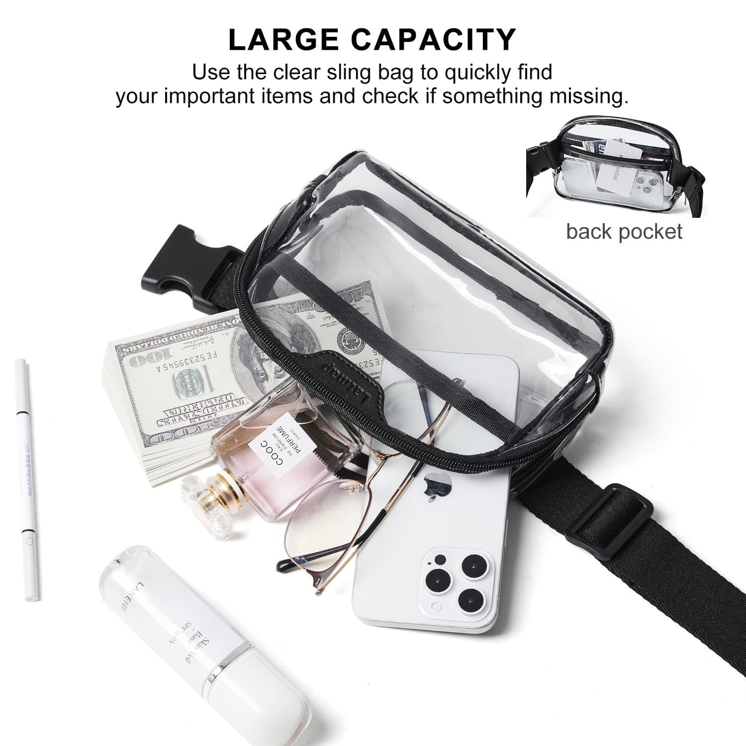 LATMAP 2L Clear Fanny Pack Stadium 8.5 x 2.5 x 6 inches, Small Size-Black