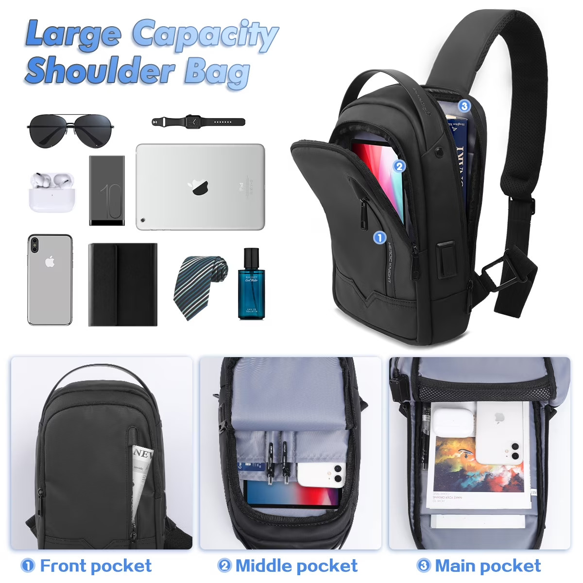 HEROIC KNIGHT Travel Sling Shoulder Bag w/ USB Charging Port Crossbody Chest Bag