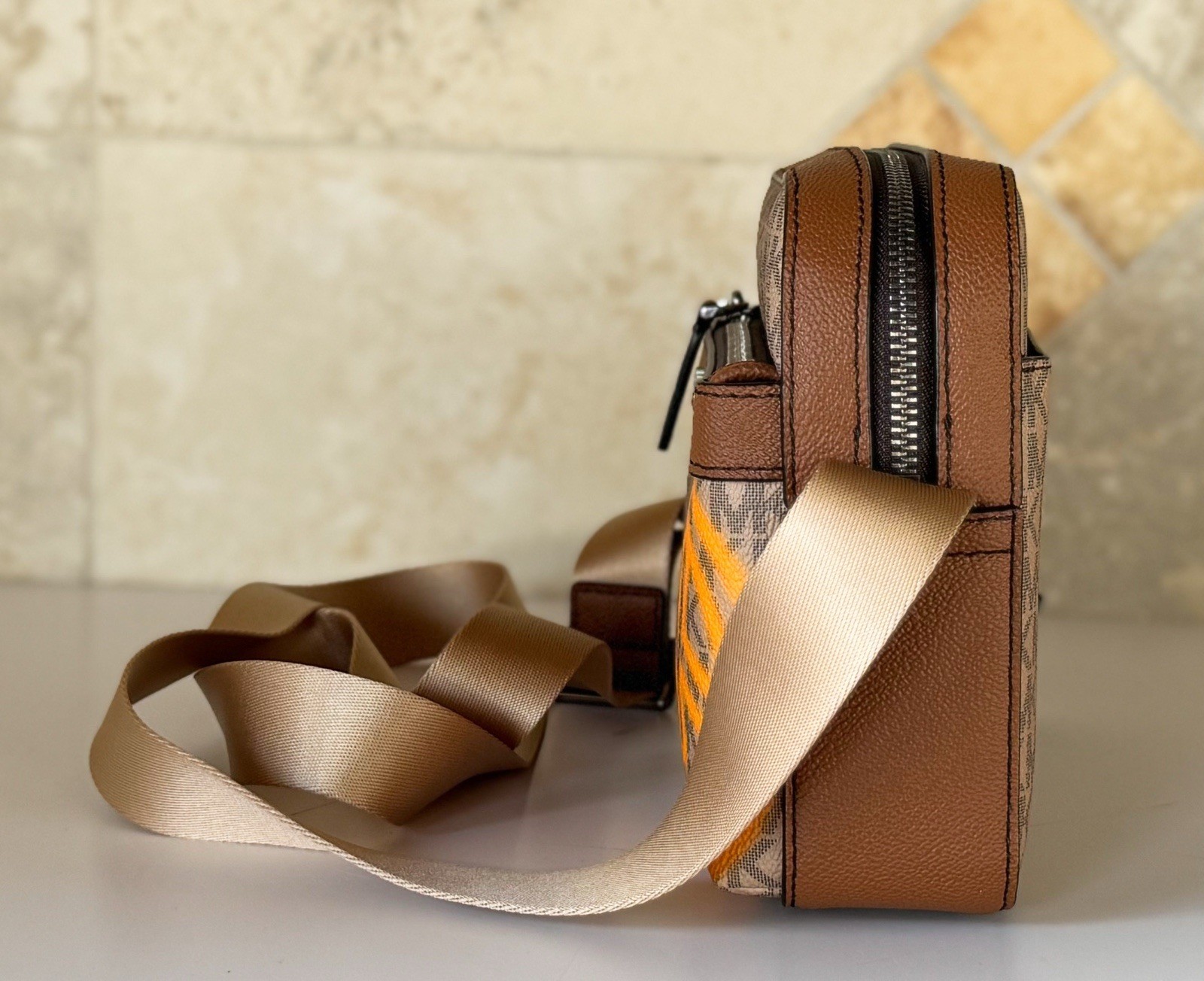 Michael Kors Cooper Utility Crossbody Flight Bag MK Brown/Pop Orange