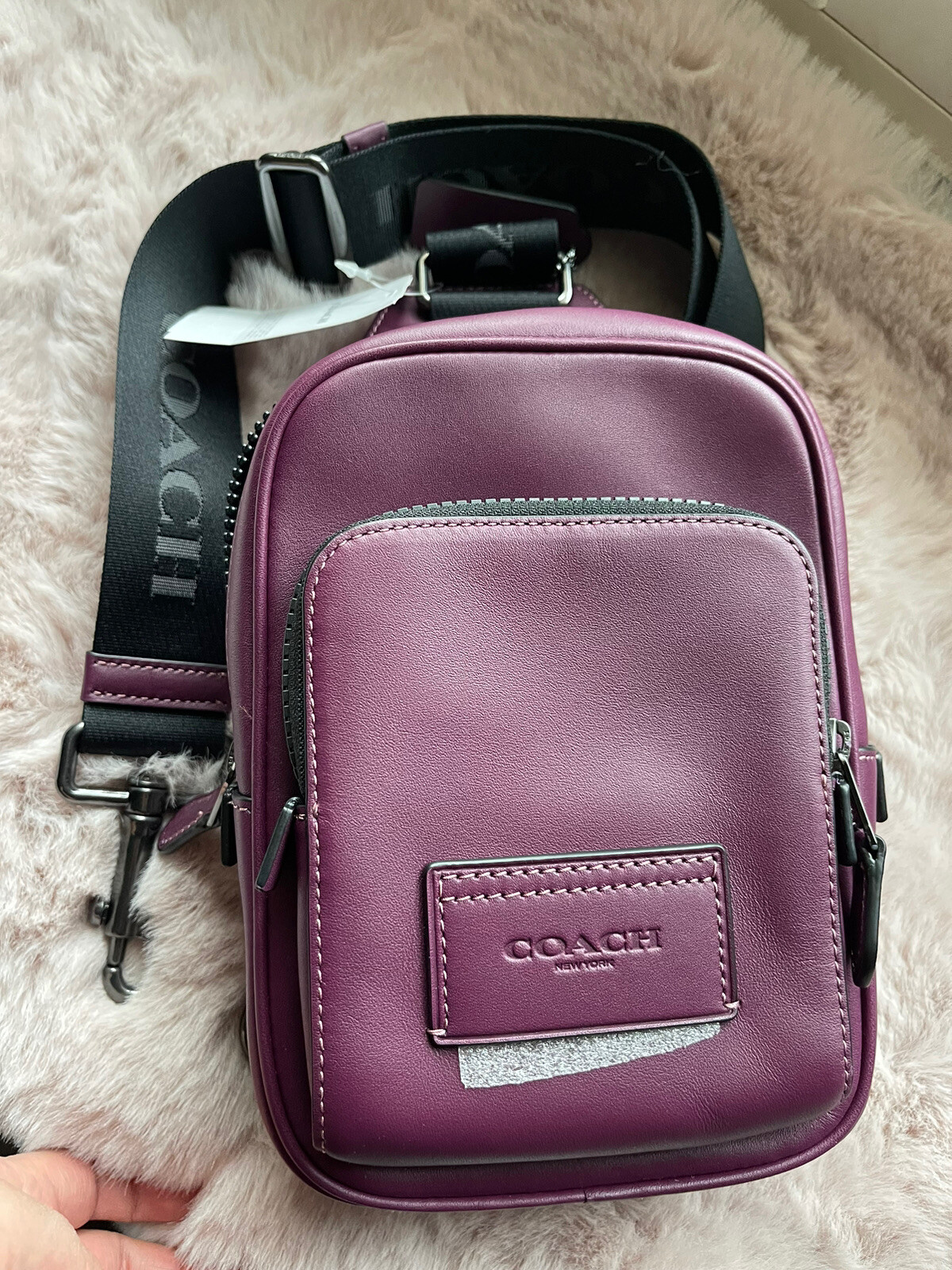 Coach CL410 Track Pack 14 Calf Leather Crossbody Black Antique Nickel/Deep Berry