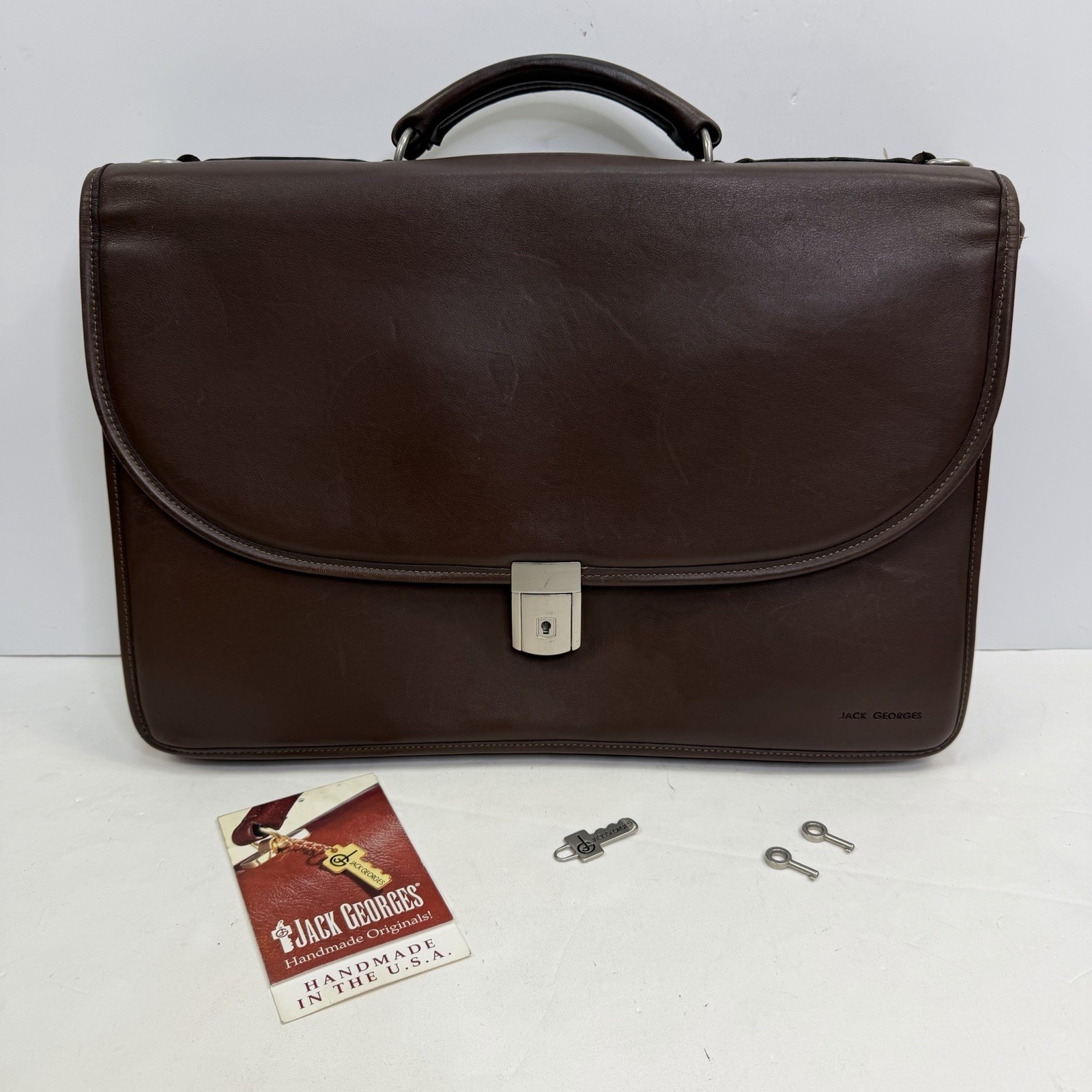 Jack Georges Brown Leather Briefcase Messenger Flap Bag Lock w/ Keys – 16” – USA