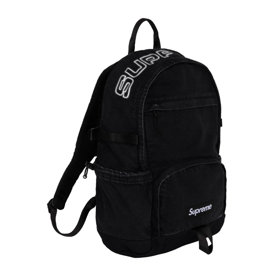 SUPREME FW25 DENIM BACKPACK BLACK INDIGO WHITE 3M LOGO 23L 19.3″ x 12.6″ x 7.1″